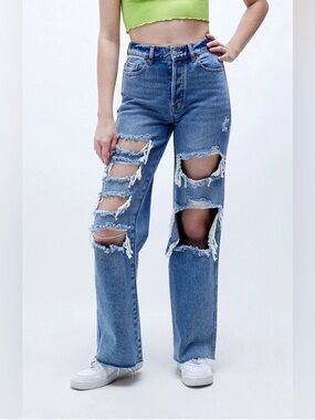 PACSUN Medium Blue Distressed High Waisted Baggy Jeans